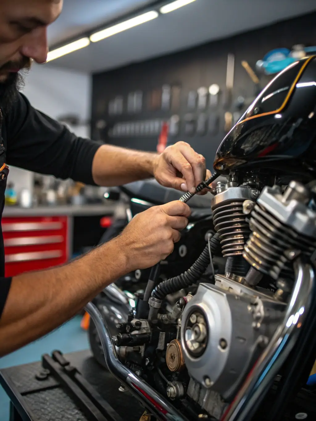 A mechanic expertly tuning the engine of a high-performance Aprilia motorcycle in a clean, modern repair shop, showcasing precision and care.