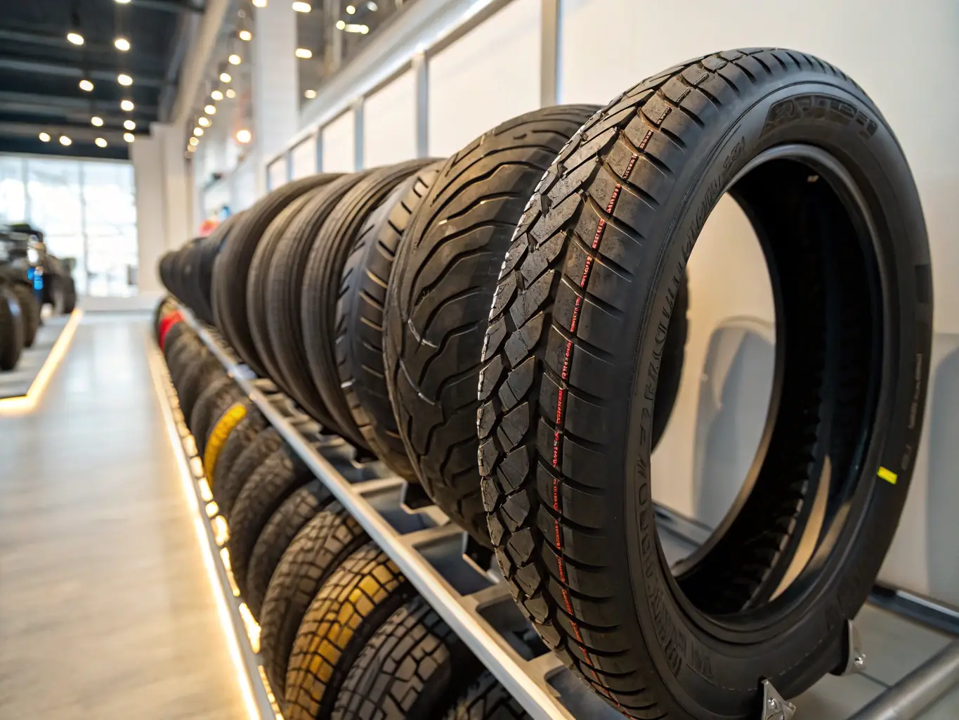 An assortment of motorcycle tires with different tread patterns, highlighting their grip, durability, and performance characteristics. The background is a tire rack in a motorcycle shop.
