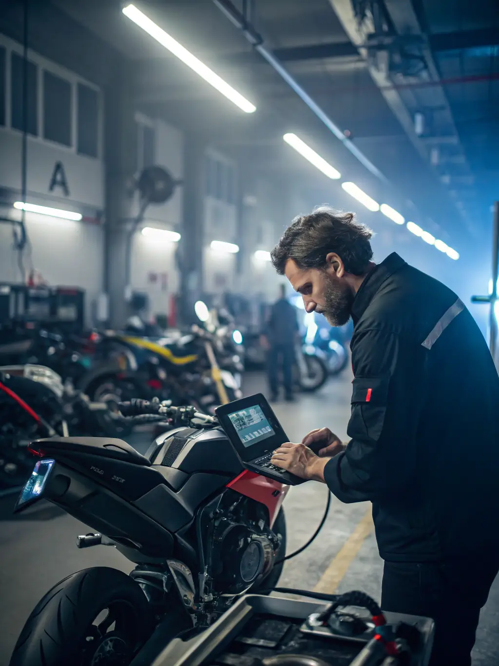 A technician performing a detailed diagnostic check on a motorcycle's electrical system using advanced diagnostic tools, ensuring accurate and reliable results.