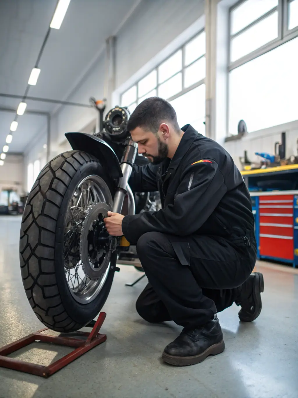 A motorcycle undergoing a complete tire replacement and wheel balancing service, ensuring safe and smooth riding experience.
